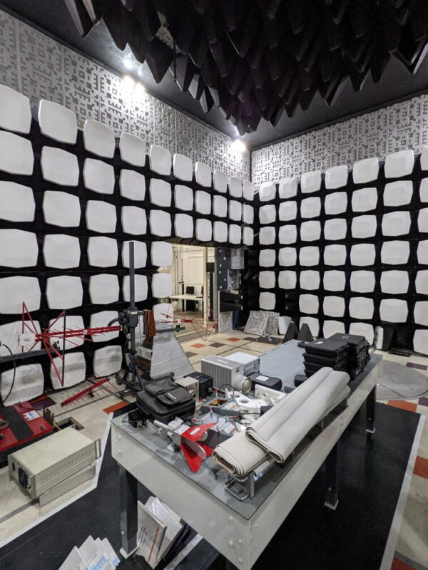 Inside anechoic EMC testing chamber